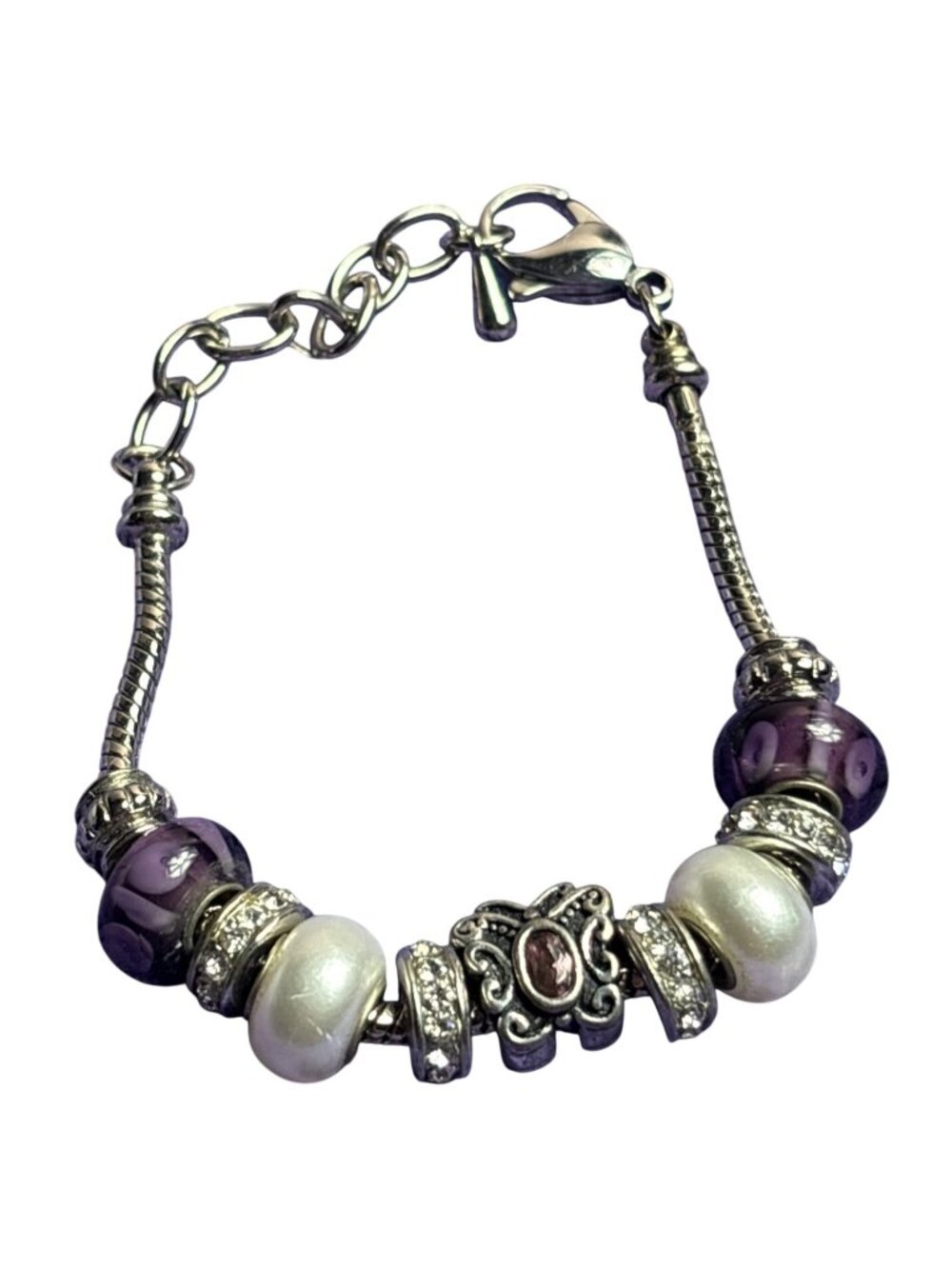 Silvertone Purple Beaded Charm Bracelet Glass Faux Pearl Rhinestone Butterfly